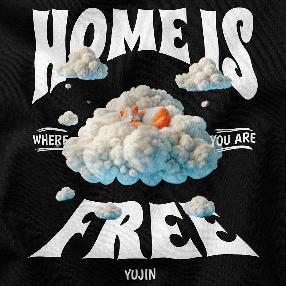 Yūjin Clothing home cat-themed T-Shirt featuring a cozy, stylish design with a cat illustration on soft fabric.