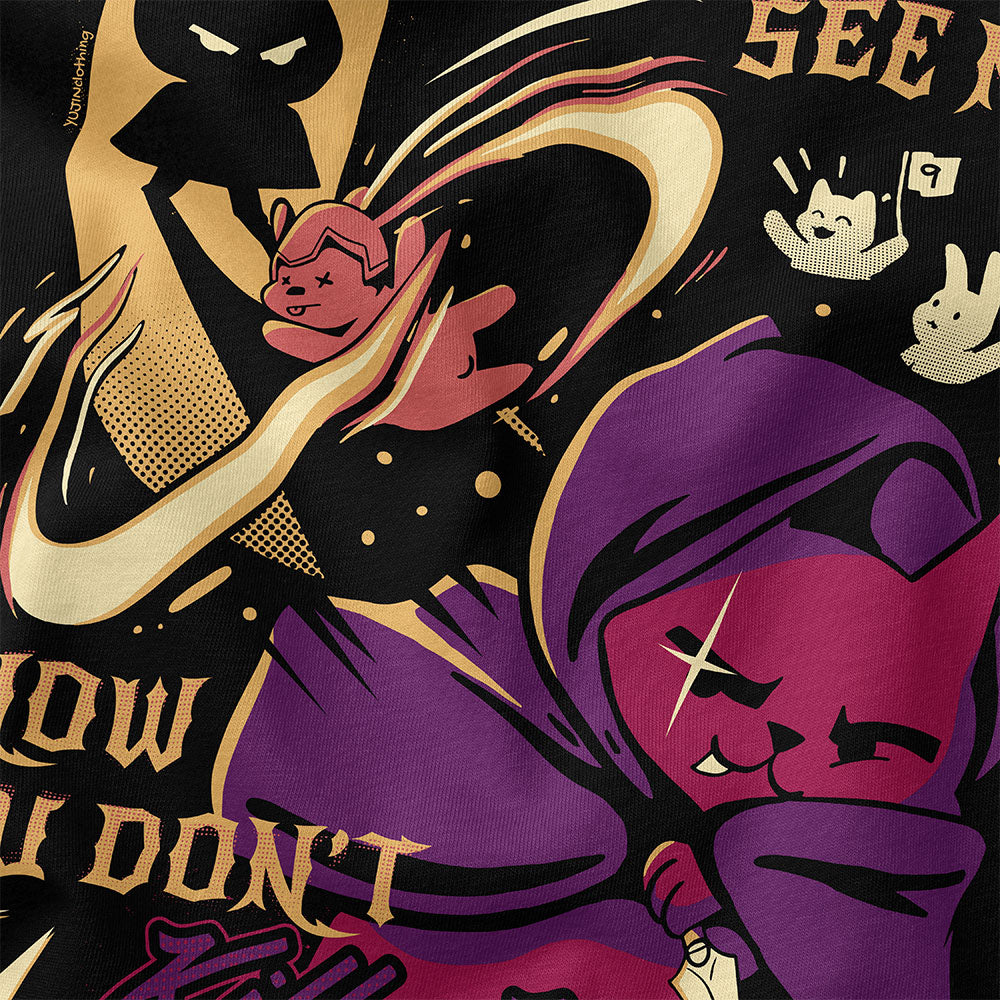 Yūjin Clothing Killer Instinct Cat T-Shirt featuring a bold graphic of a fierce cat design on a casual black T-shirt.