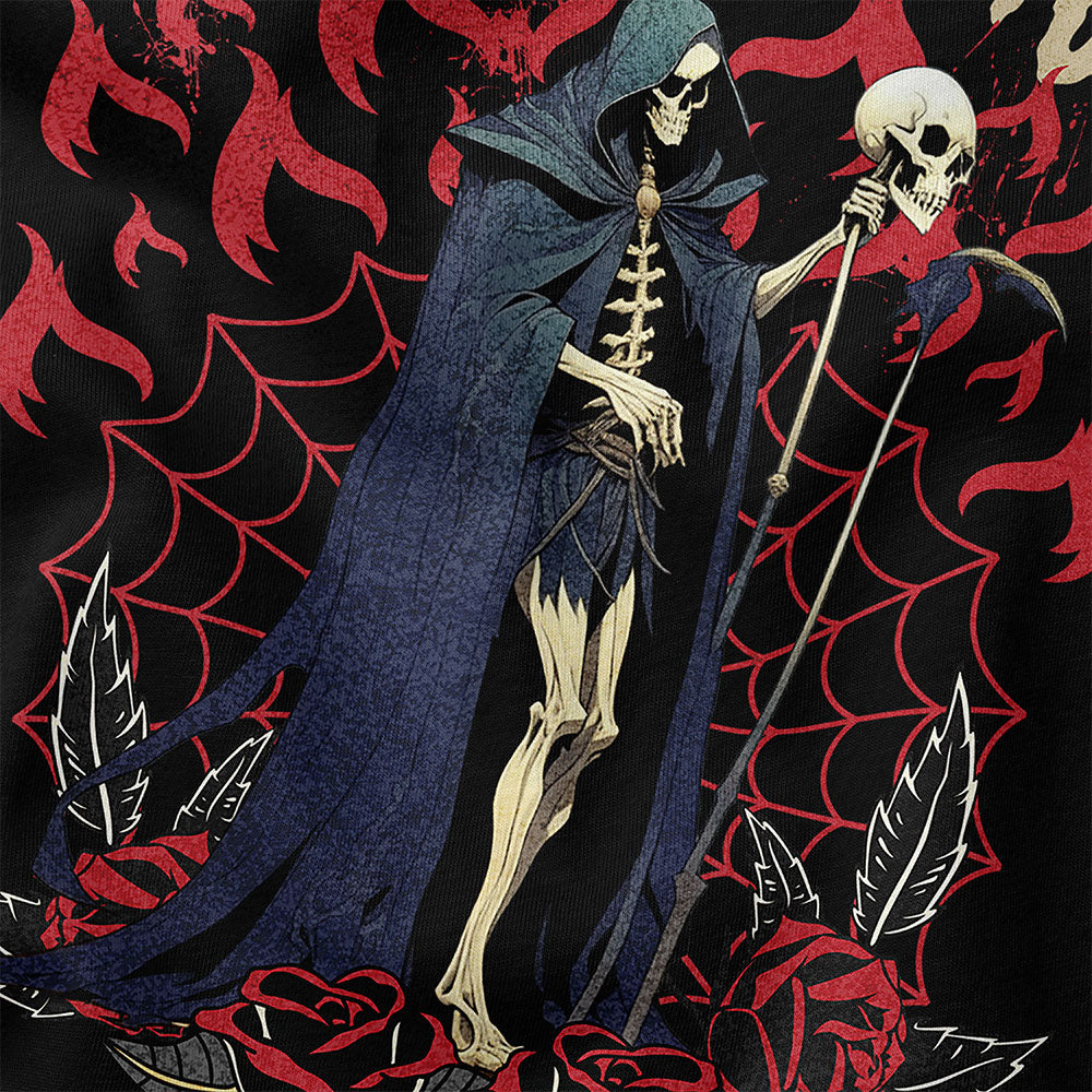 Black Grim Reaper T-Shirt by Yūjin Clothing featuring a detailed reaper graphic on soft cotton fabric.