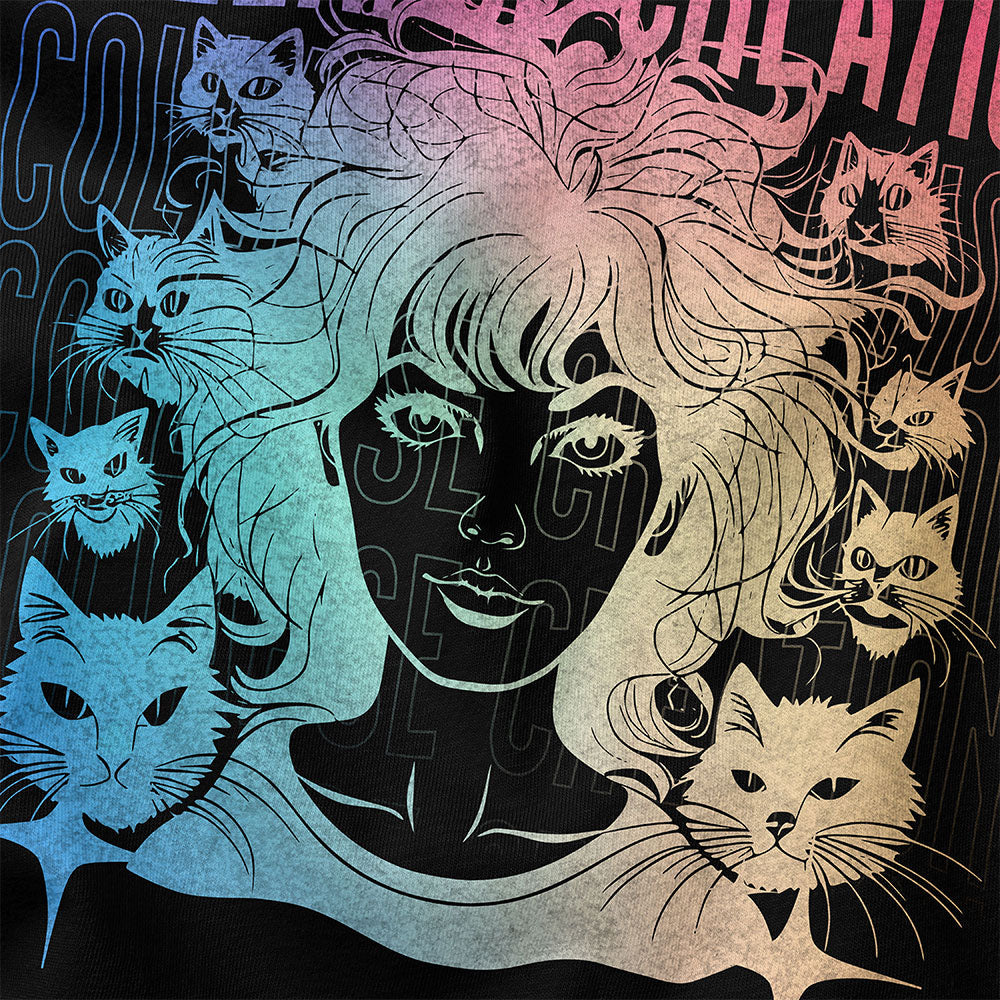 Yūjin Clothing Collapse Creation cat T-Shirt featuring a graphic of a playful cat design on a comfortable casual tee