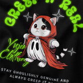 Yūjin Clothing Creepy It Real cat T-shirt featuring a spooky cat graphic on a comfortable black fabric.