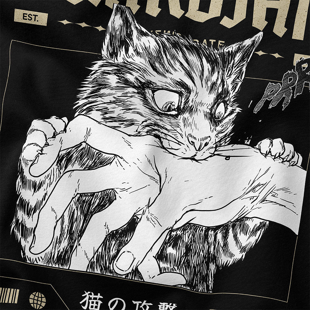 Guardian cat T-shirt by Yūjin Clothing featuring a detailed feline design on soft fabric for casual wear.