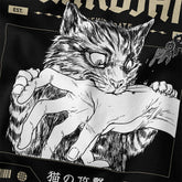 Guardian cat T-shirt by Yūjin Clothing featuring a detailed feline design on soft fabric for casual wear.