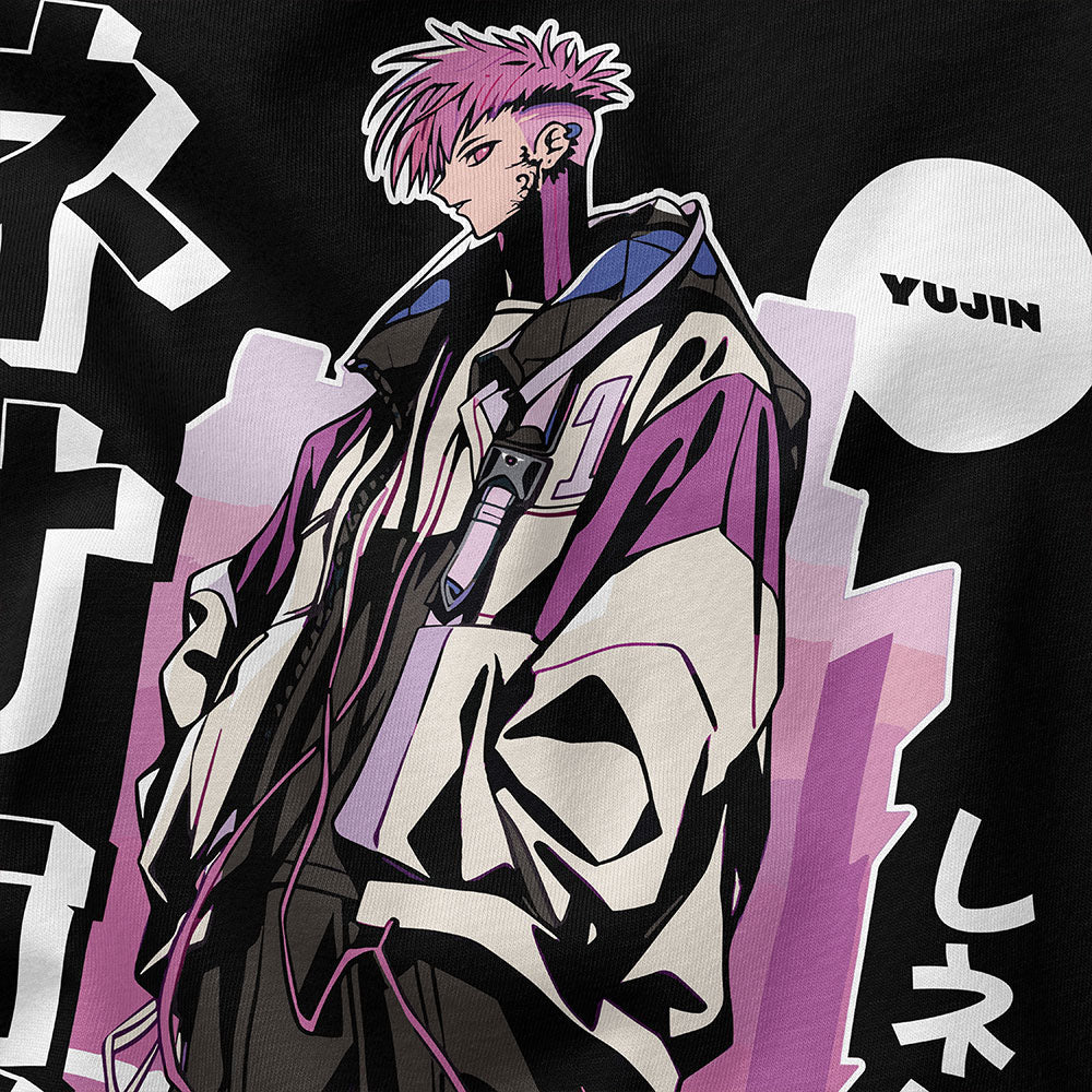 Cyberpunk King T-Shirt by Yūjin Clothing featuring vibrant, futuristic design and bold graphics on a comfortable black T-shirt.