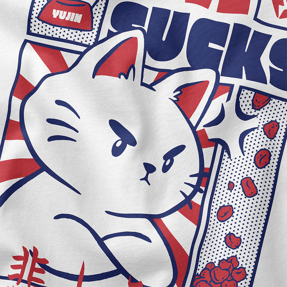 Yūjin Clothing Love Sucks cat T-Shirt featuring a playful graphic design, casual fit, and soft fabric for everyday wear.