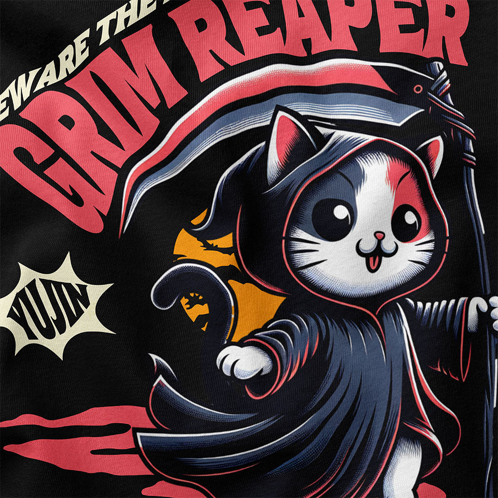 Yūjin Clothing Grim Reaper cat T-shirt featuring a spooky cat illustration on black fabric.