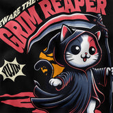 Yūjin Clothing Grim Reaper cat T-shirt featuring a spooky cat illustration on black fabric.