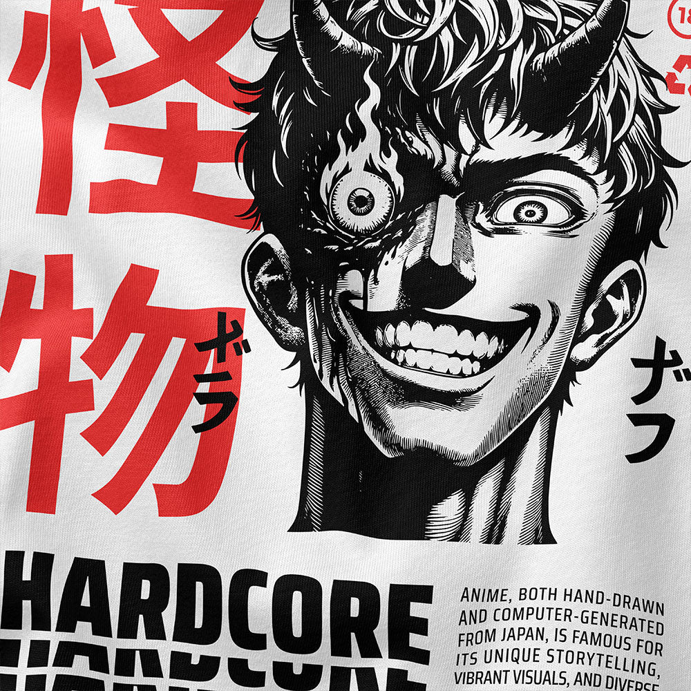 Black Hardcore Anime T-Shirt by Yūjin Clothing featuring bold anime-inspired graphic design on soft cotton fabric.