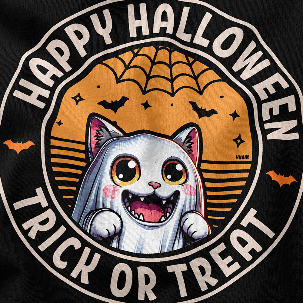 Happy Halloween T-Shirt by Yūjin Clothing featuring festive Halloween design on a comfortable cotton T-shirt.