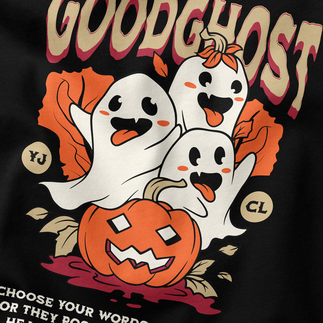 Yūjin Clothing Goodghost Halloween T-Shirt featuring spooky ghost graphic on black cotton fabric.