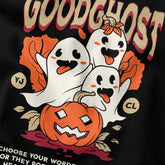 Yūjin Clothing Goodghost Halloween T-Shirt featuring spooky ghost graphic on black cotton fabric.