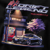 Yūjin Clothing Drift Master car T-Shirt featuring a graphic design of a drifting car on a black cotton t-shirt.