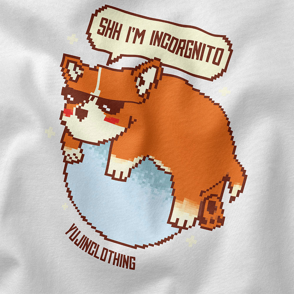 Yūjin Clothing Incognito Corgi Dog T-Shirt featuring a playful corgi graphic on a casual cotton tee.