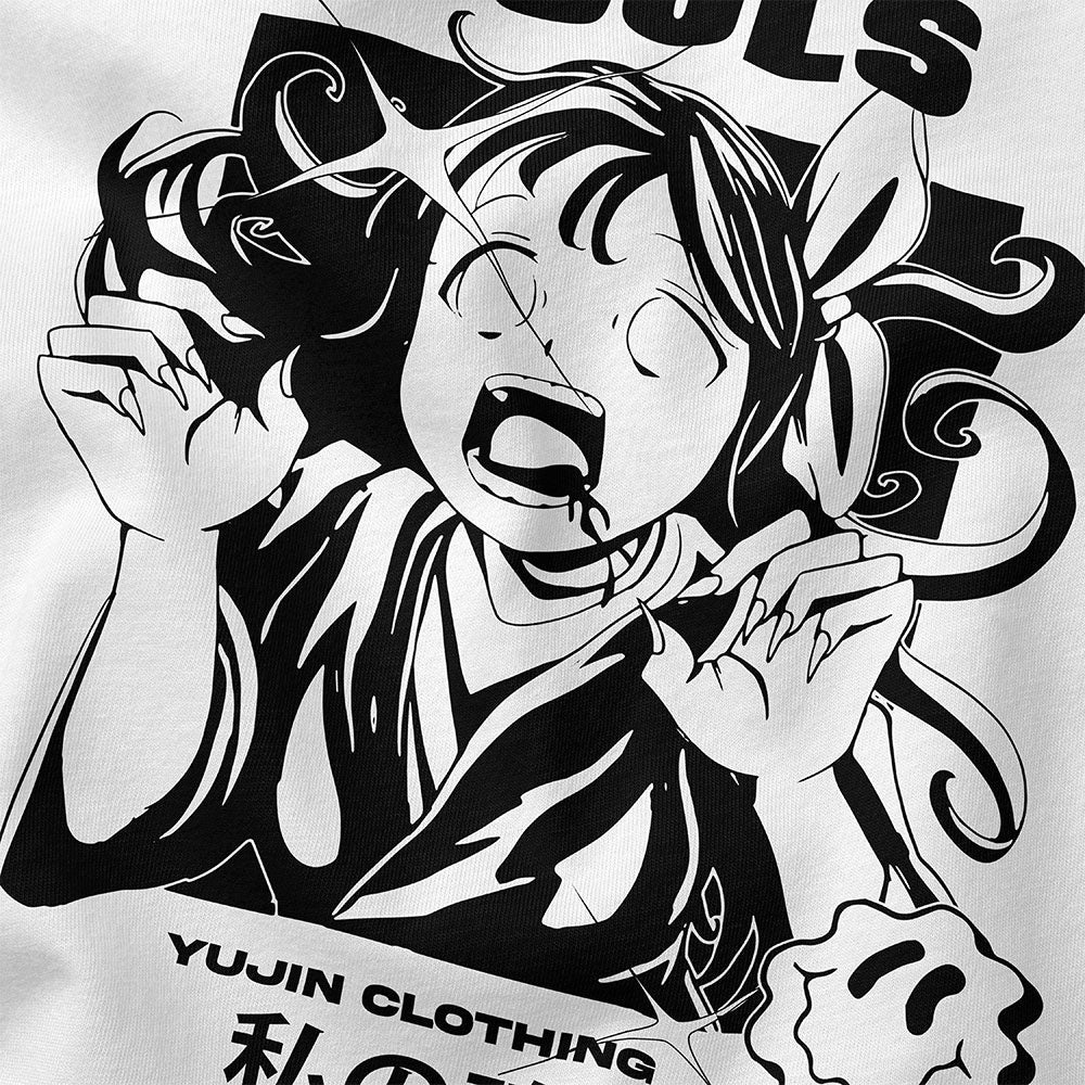 Black Lost Souls T-Shirt from Yūjin Clothing featuring a graphic design of haunting, ghostly figures and detailed artwork.