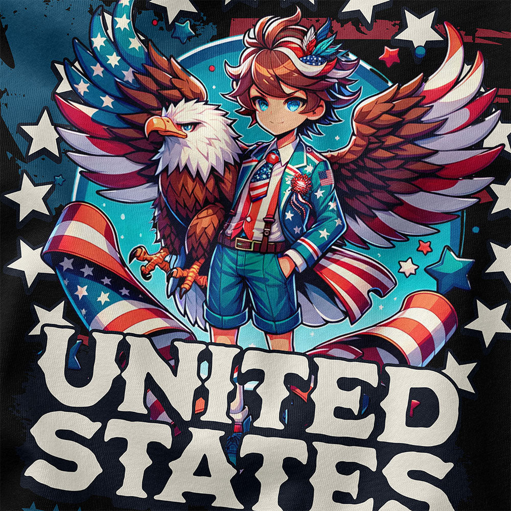 Yūjin Clothing July 4th T-Shirt featuring a patriotic eagle and boy graphic on a casual cotton shirt.