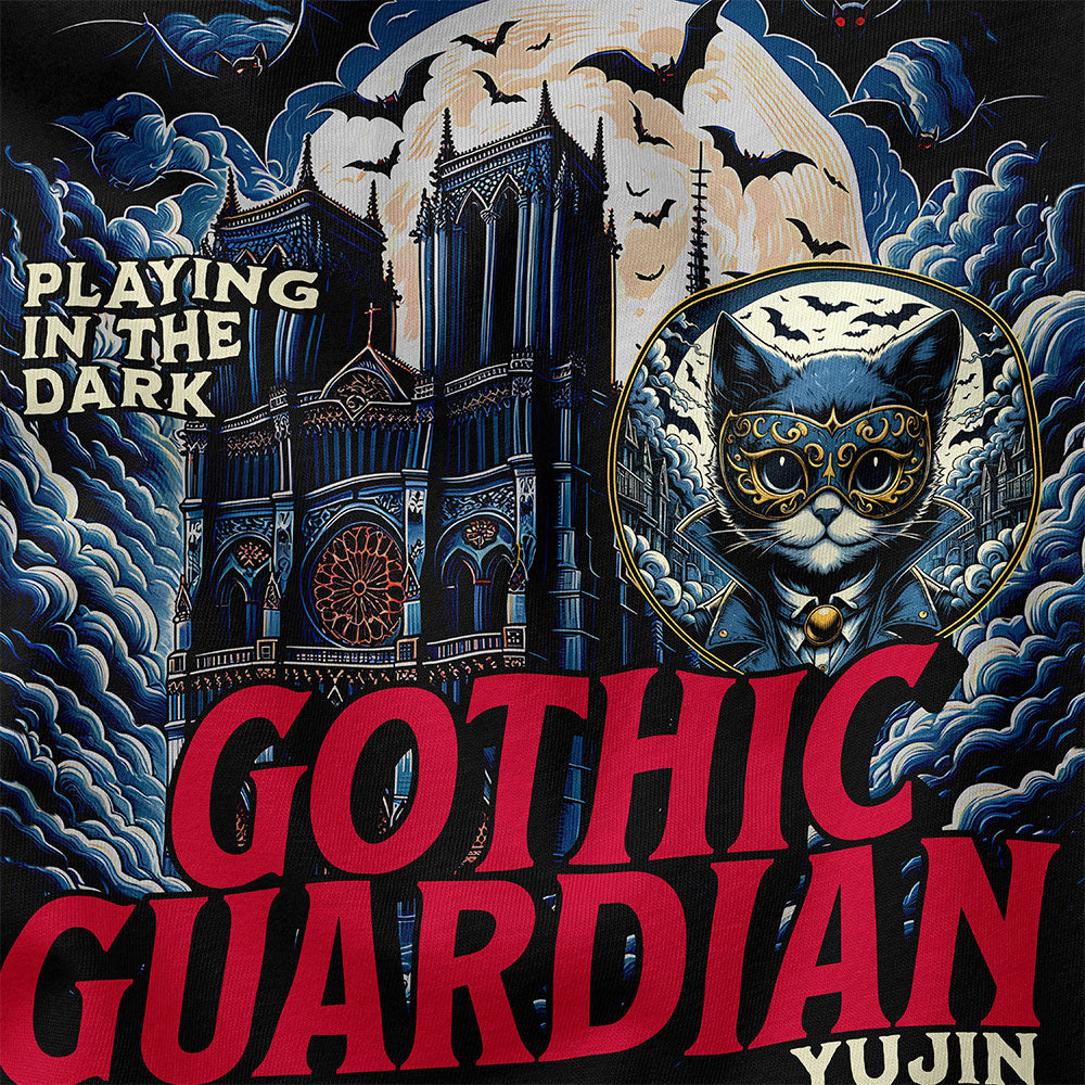 Black Gothic Guardian Cat T-Shirt by Yūjin Clothing featuring a detailed cat design with gothic-inspired artwork.