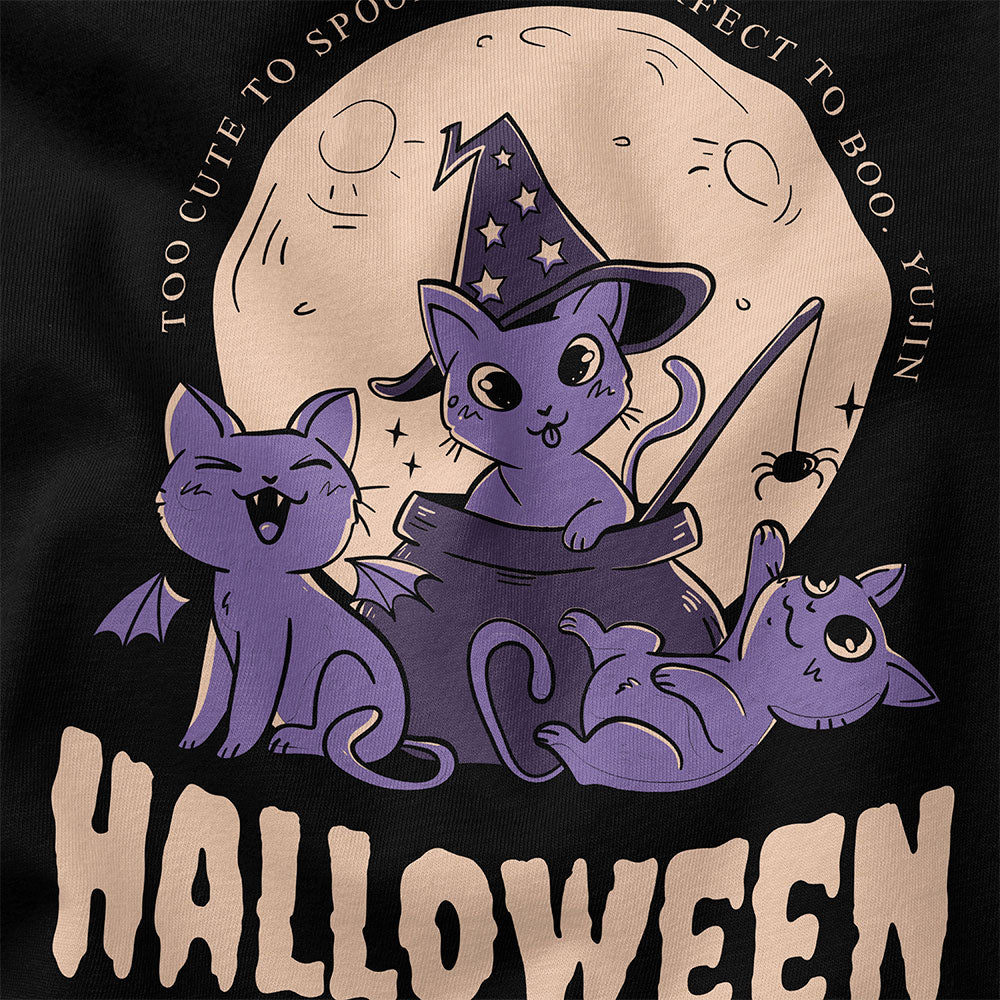 Halloween cats T-shirt by Yūjin Clothing featuring a spooky cat design on black cotton fabric.