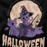 Halloween cats T-shirt by Yūjin Clothing featuring a spooky cat design on black cotton fabric.