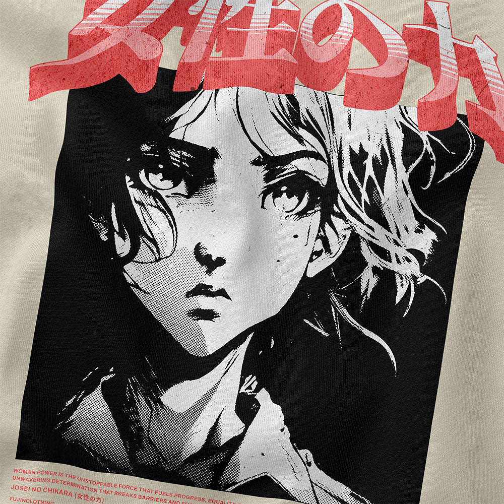 Yūjin Clothing Josei no Chikara oversized faded T-shirt featuring a relaxed fit and vintage-inspired design.