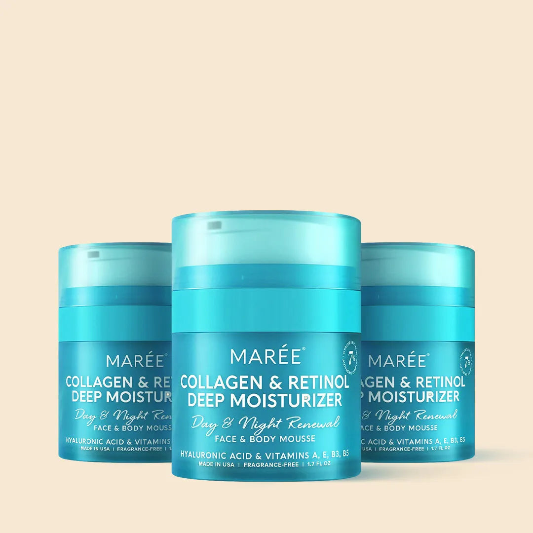 Maree Retinol &amp; Collagen Anti-Age Cream jar with cream visible, designed to reduce wrinkles and improve skin elasticity.