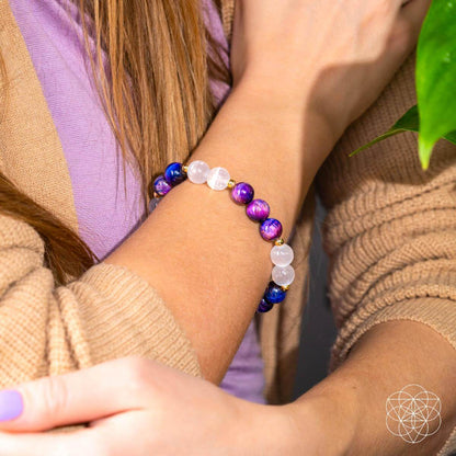 Galaxy Tiger’s Eye bracelet featuring cosmic energy amplifier beads, stylish accessory by Conscious Items for spiritual balance.