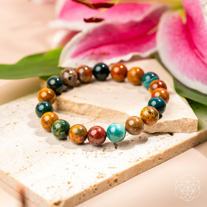 Ocean Jasper bracelet from Conscious Items featuring smooth, round beads in calming natural tones, designed for mindful wear.
