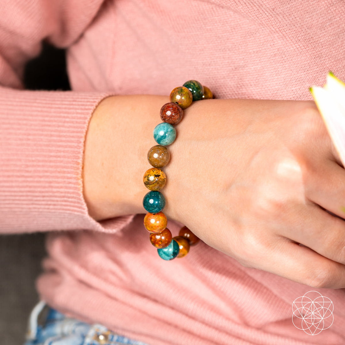 Ocean Jasper bracelet by Conscious Items featuring polished round stones on an elastic band for a calming, natural jewelry accessory.