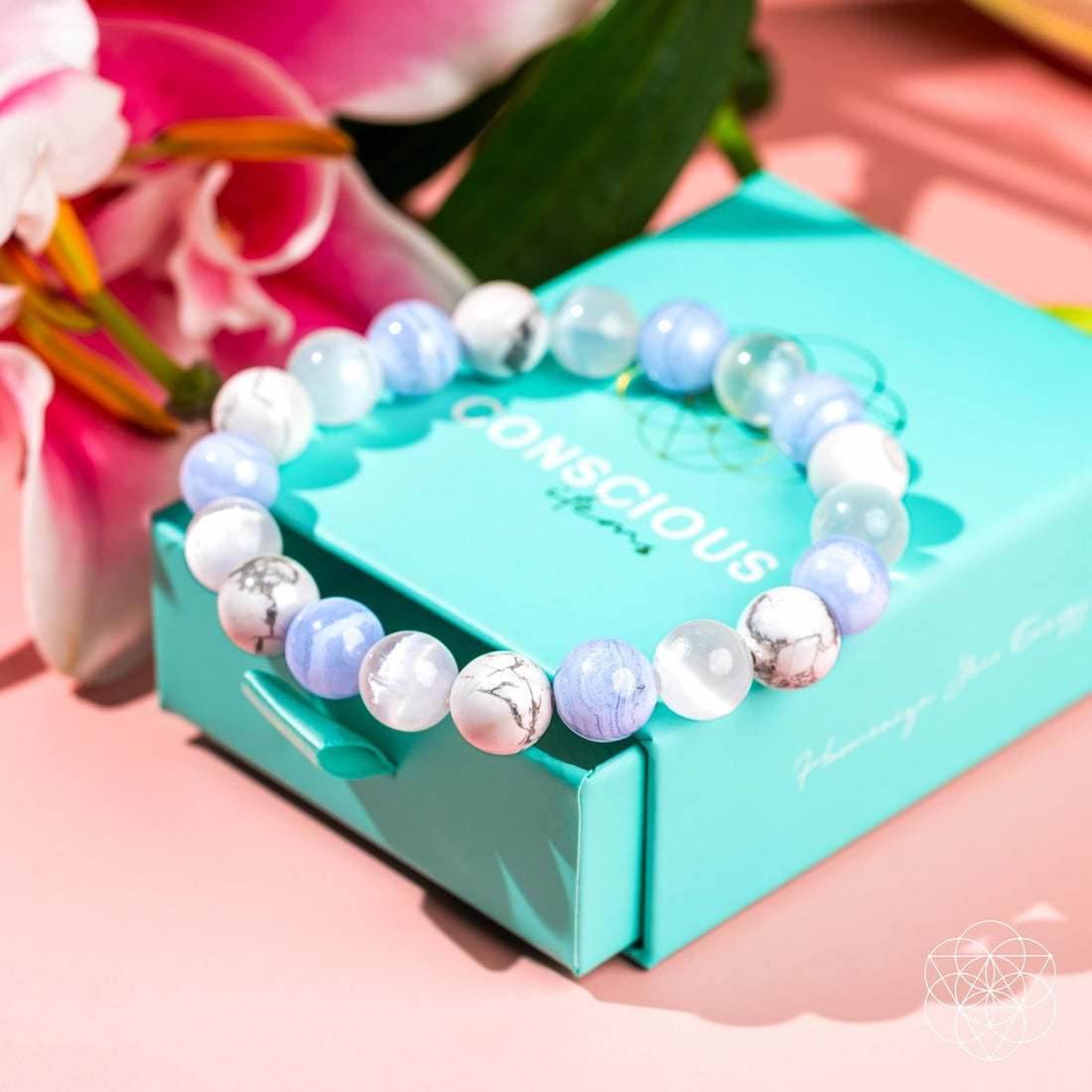 Close-up of The Empath’s Trio Daily Reset Bracelet by Conscious Items, featuring a stylish bracelet with calming beads and charms.