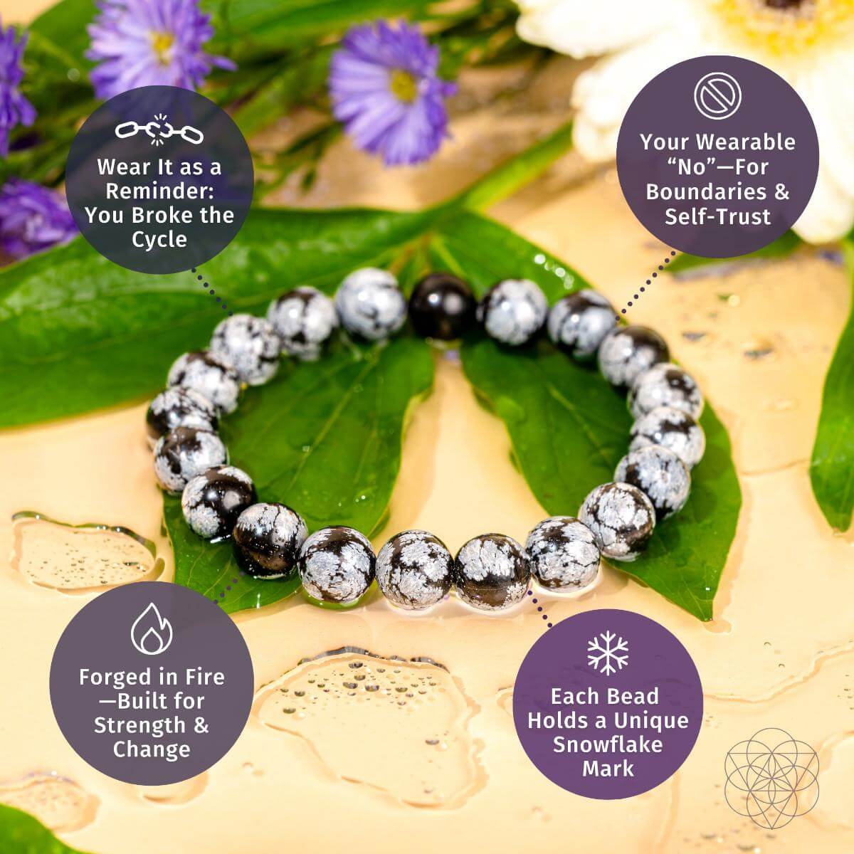 Snowflake Obsidian bracelet from The Pattern Breaker collection by Conscious Items, featuring polished black stones with white snowflake patterns.