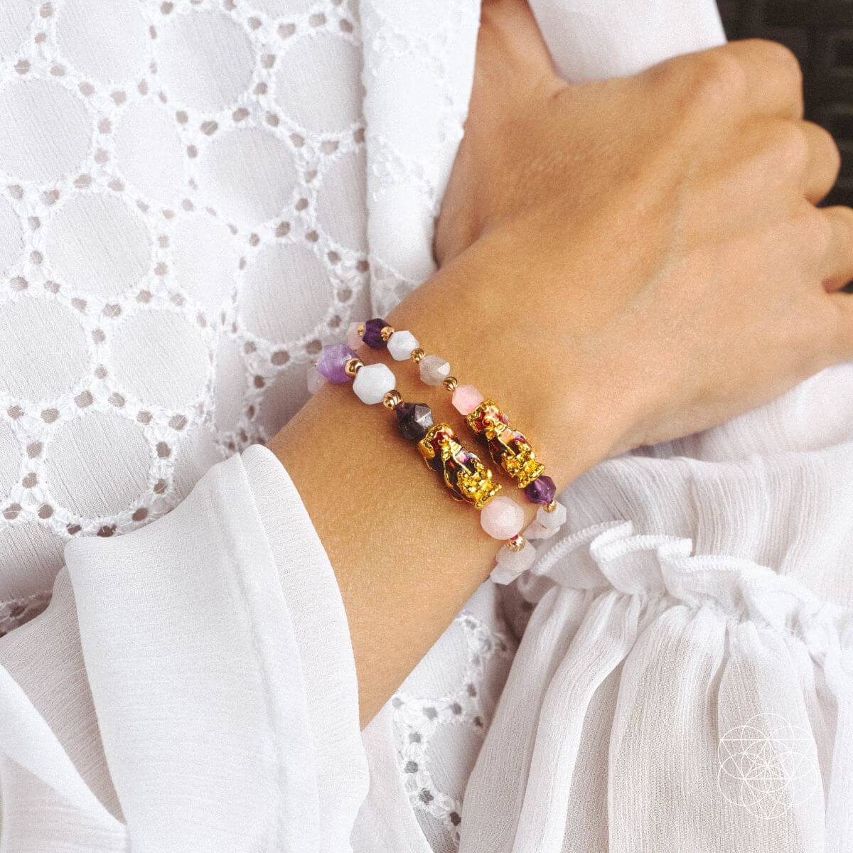 Close-up of the Prosperity Bracelet by Conscious Items, featuring colorful beads and a simple, elegant design.
