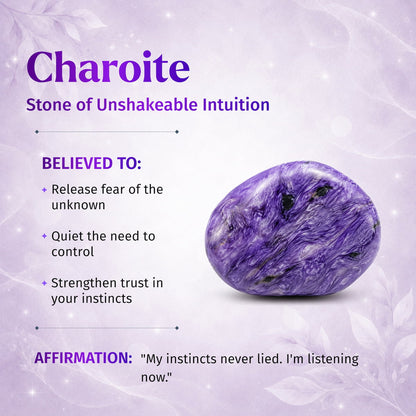 Unshakeable Intuition Siberian Charoite bracelet by Conscious Items showing polished purple gemstone beads on a stretch cord.