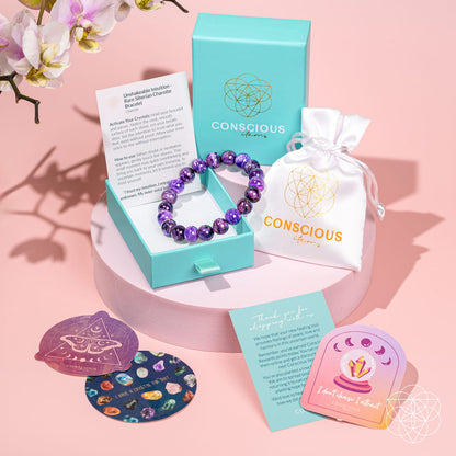 Unshakeable Intuition Siberian Charoite bracelet by Conscious Items featuring a polished gemstone bracelet on a card background