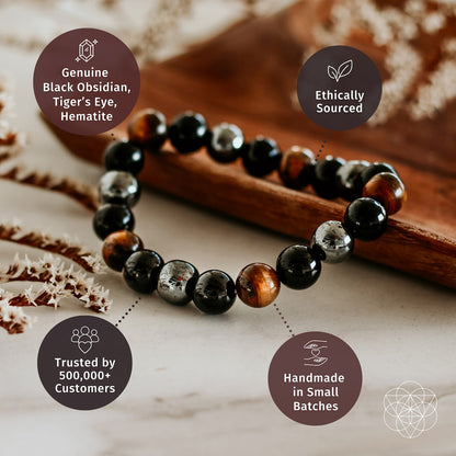 Conscious Items Triple Protection Bracelet featuring layered design with protective charms and beads on a neutral background.
