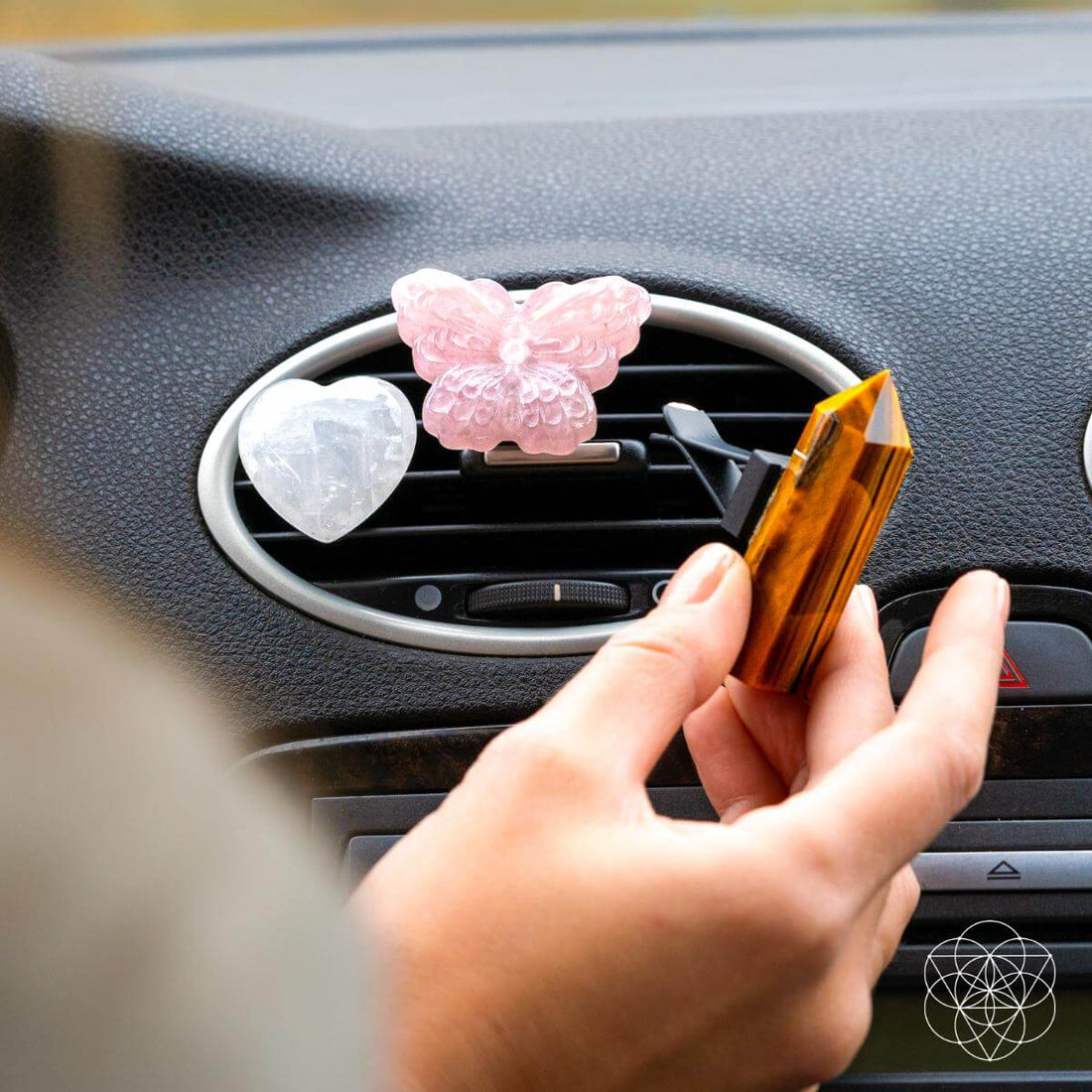 Healing Butterfly crystal car kit of safety by Conscious Items, featuring a set of healing crystals displayed in a decorative arrangement.