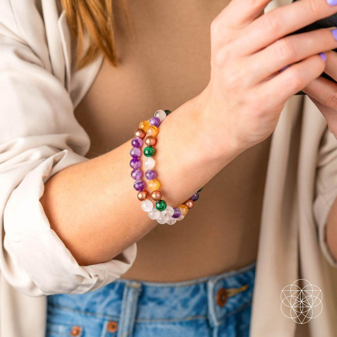 Crystal Quartet Bracelet Set from Conscious Items featuring polished gemstones on a delicate jewelry set for manifestation and positive energy.