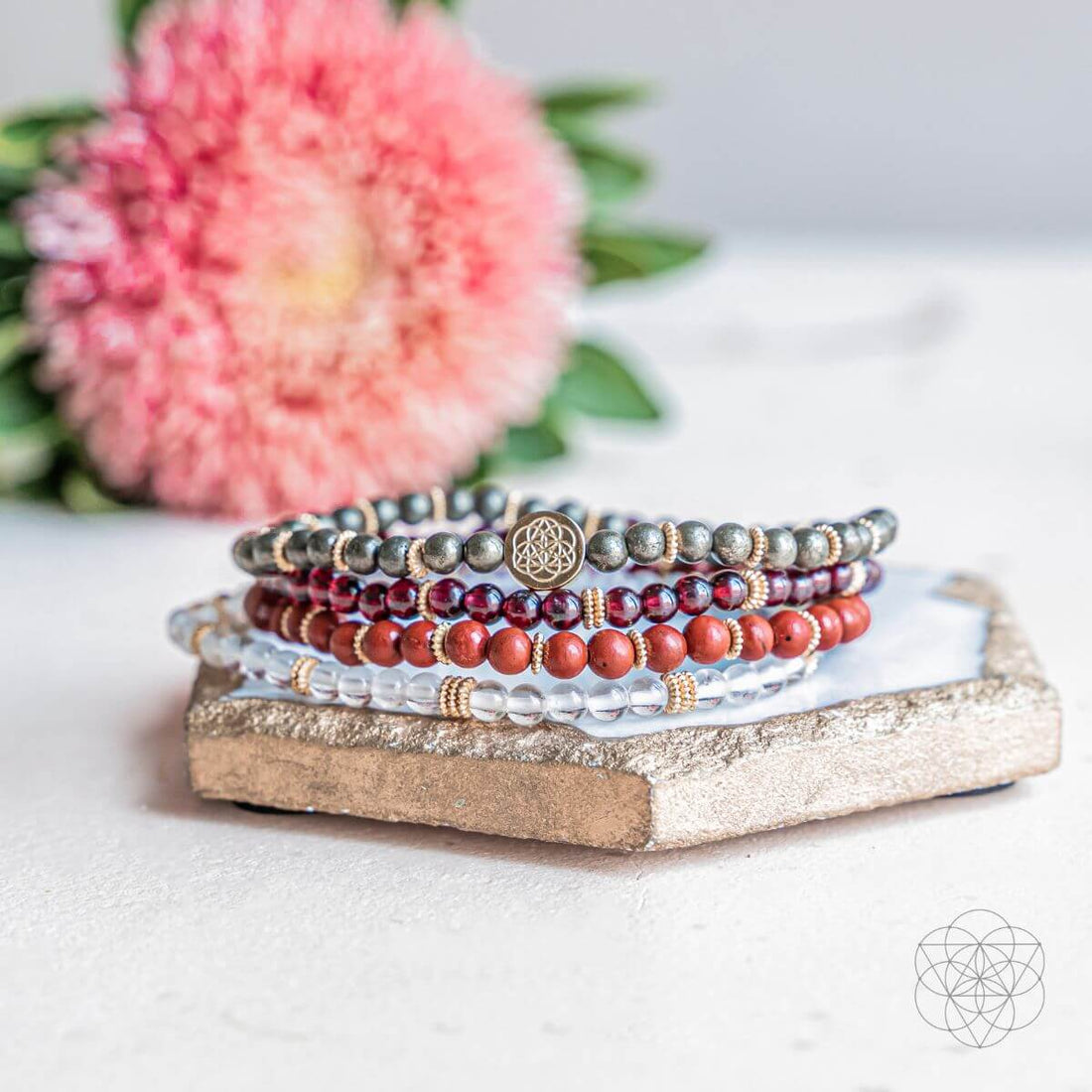 Set of four Conscious Items prosperity magnet bracelets featuring smooth, polished designs in a jewelry set for positive energy.