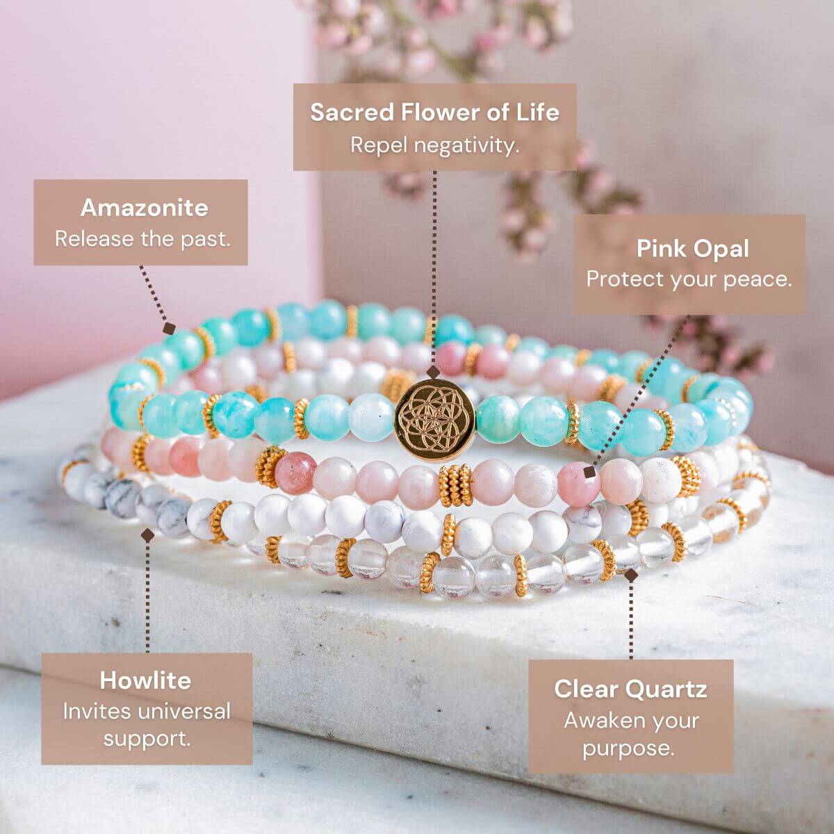 Four colorful stress reliever bracelets from Conscious Items jewelry set, featuring soft, squeezable beads for anxiety relief.