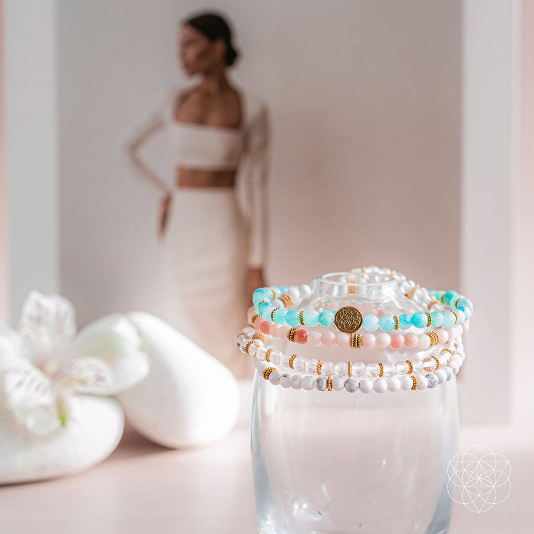 Set of four Conscious Items stress-reliever jewelry bracelets with colorful beads and adjustable bands, designed for stress relief.