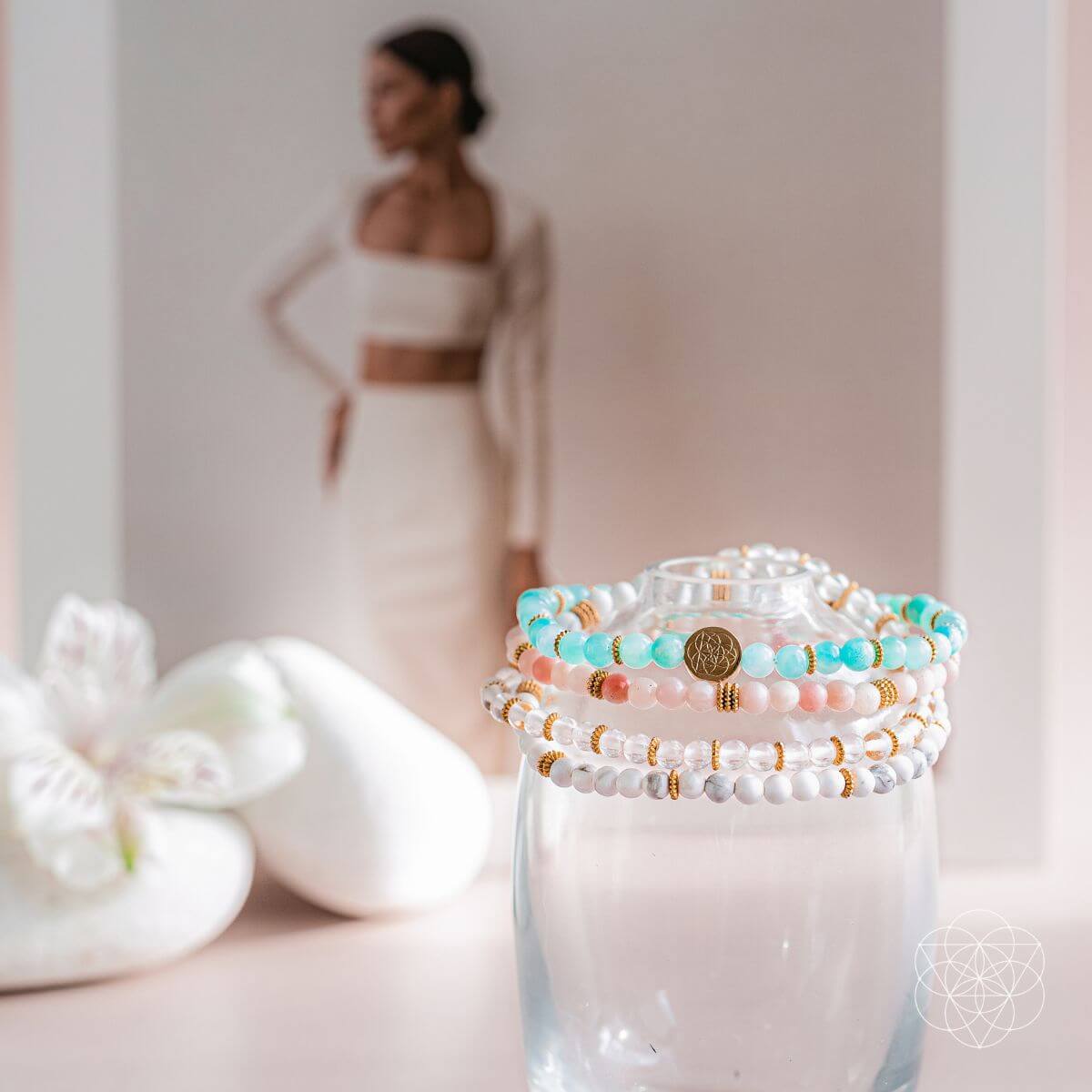 Set of four Conscious Items stress-reliever jewelry bracelets with colorful beads and adjustable bands, designed for stress relief.