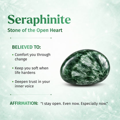 Seraphinite pendant necklace by Conscious Items featuring a polished green stone with silver veining, displayed on a chain.