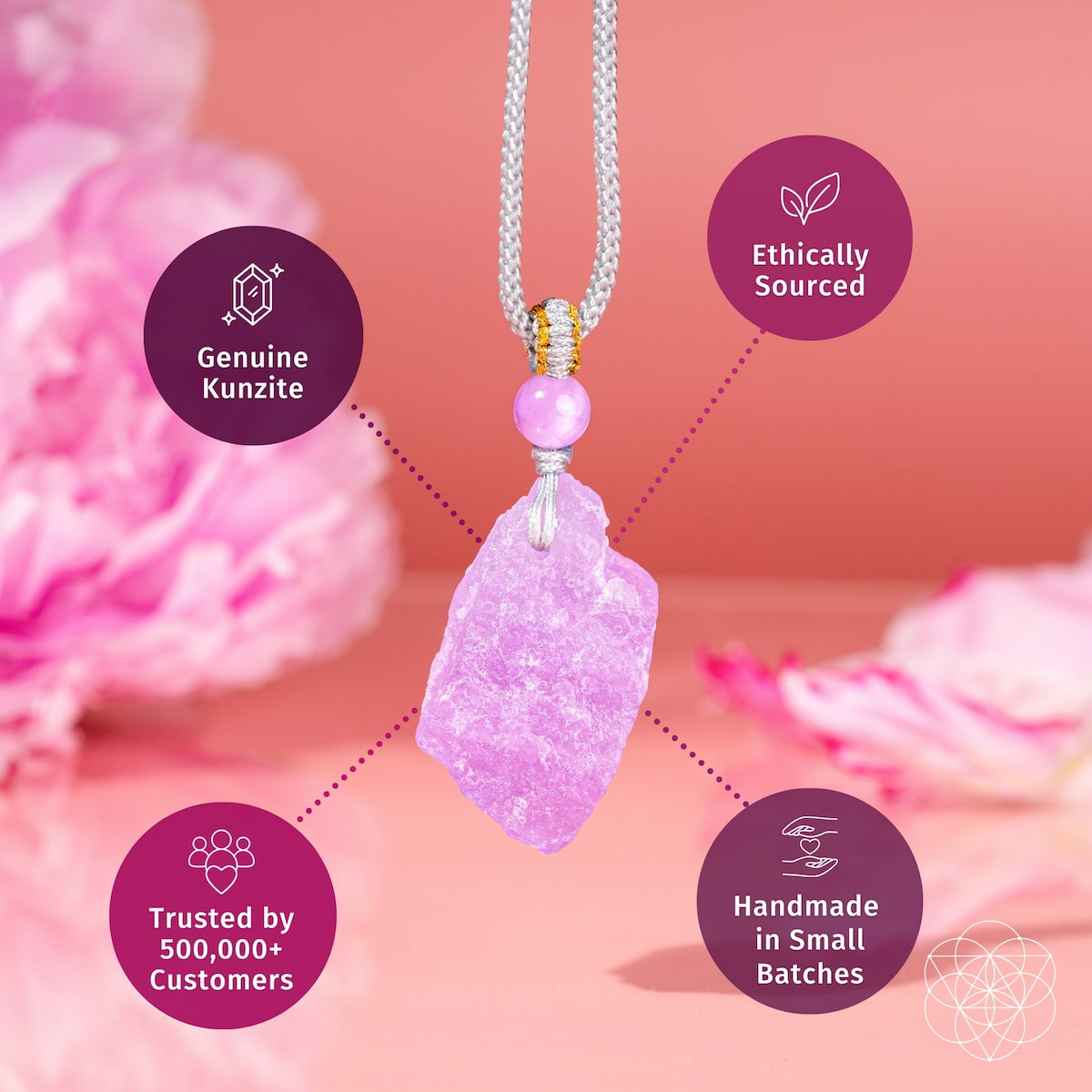 Pink Kunzite pendant necklace by Conscious Items featuring a large, faceted pink kunzite gemstone in a delicate setting.
