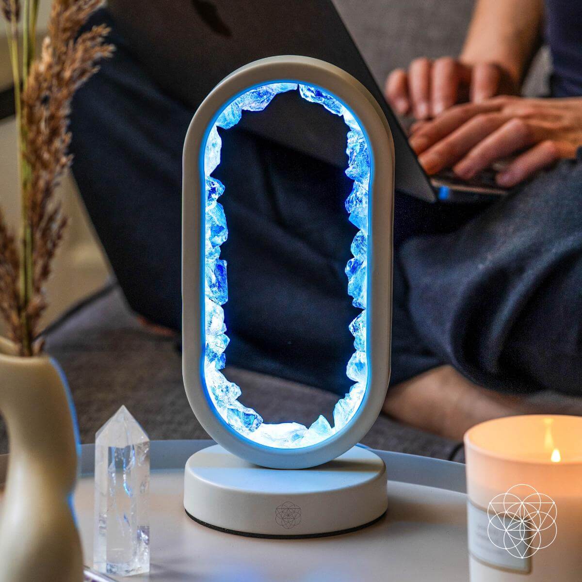 Clear quartz night light by Conscious Items featuring the Manifest Success design, designed to inspire achievement and positive energy.