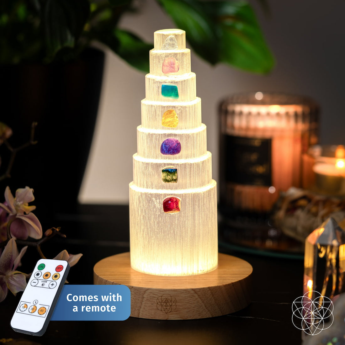 Conscious Items Stress Shield Lamp night light with 7 healing stones, featuring a remote control for soothing ambient lighting.