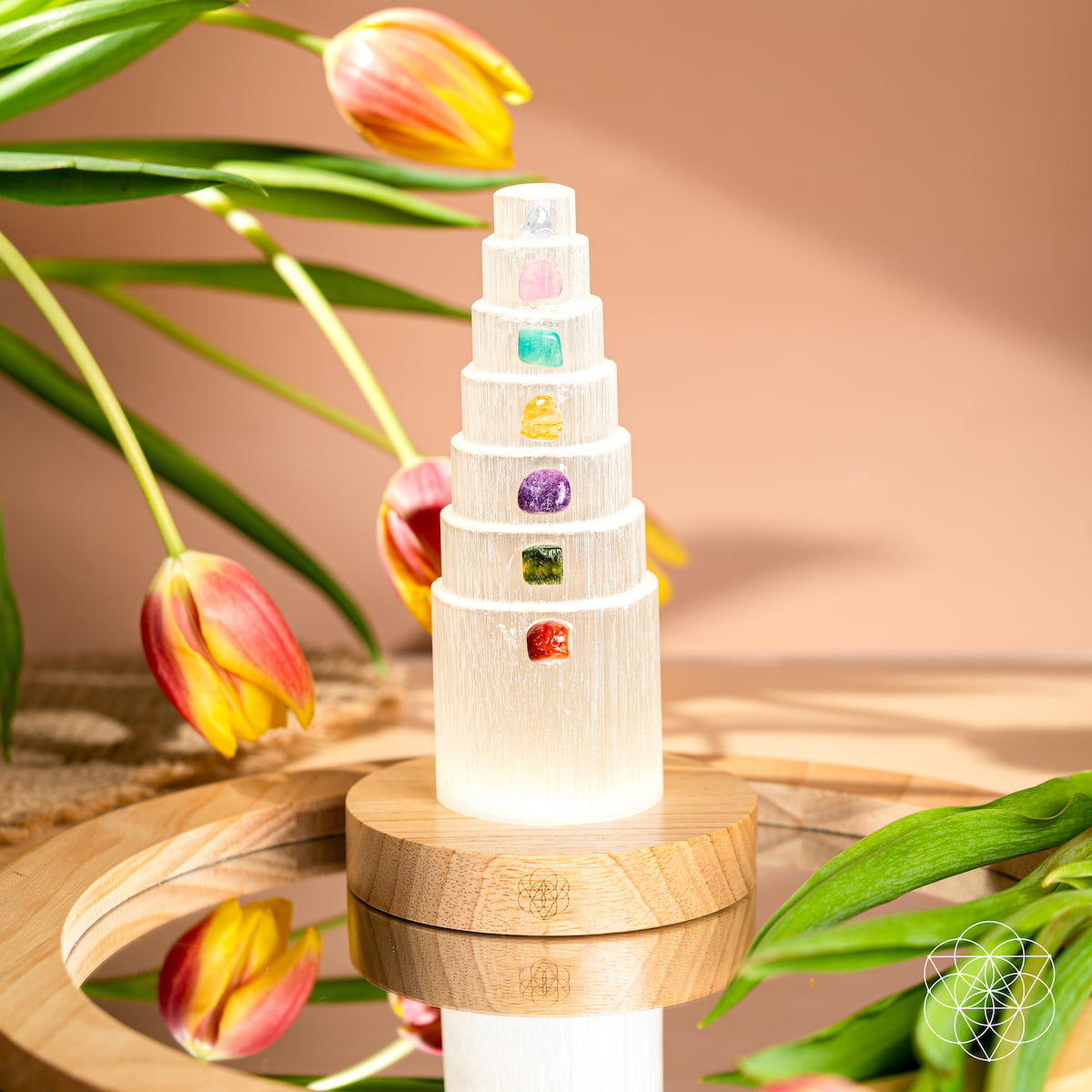 Night light called The Stress Shield Lamp by Conscious Items featuring 7 healing stones for calming ambiance and stress relief.