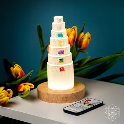 Conscious Items Stress Shield Lamp night light featuring 7 healing stones, designed to promote relaxation and calmness in the space.