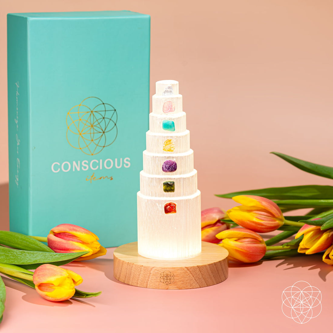 Conscious Items Stress Shield Lamp night light with 7 healing stones for calming and energy balance, illuminated in a cozy setting.