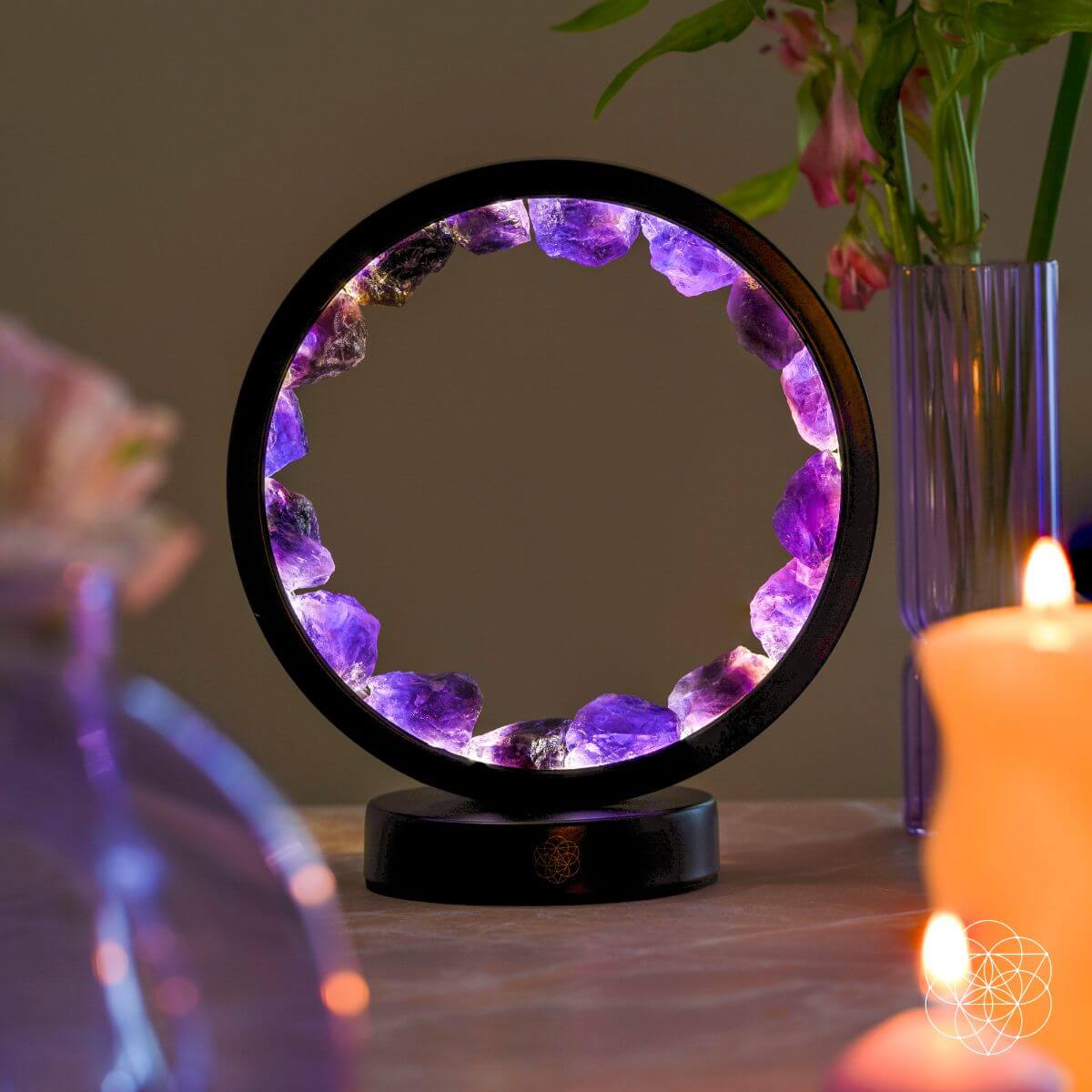 Amethyst spiritual protection night light by Conscious Items, featuring a calming purple crystal lamp for peaceful ambiance.