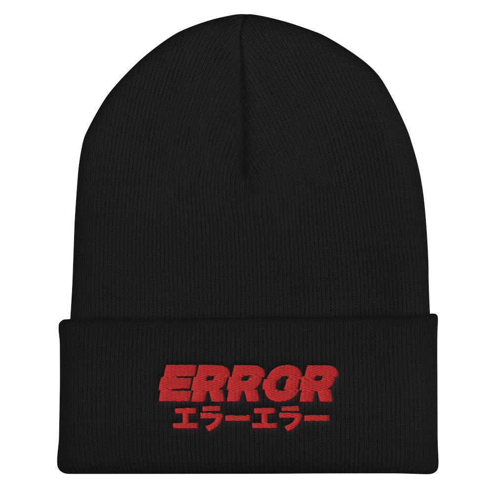 Yūjin Clothing Error Beanie, stylish black knit headwear with a bold error graphic design, perfect for casual wear.