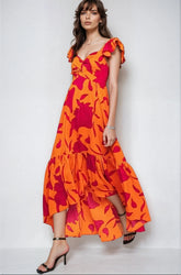Vibrant fire floral high-low maxi dress from Fitkitty Culture featuring bold floral print and flowing silhouette.