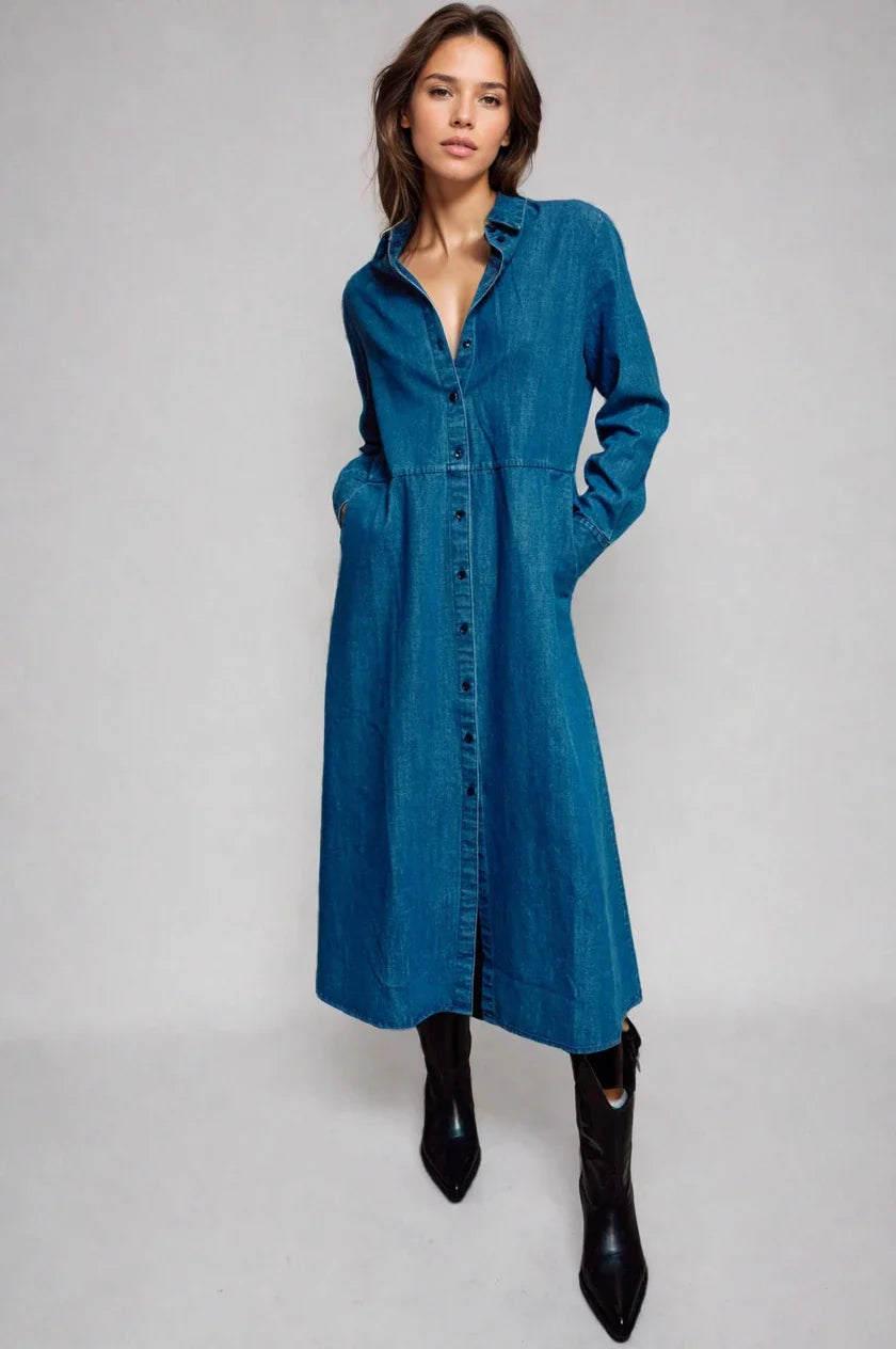 Fitkitty Culture denim shirt dress from The Sunday Stroll collection, casual long-sleeve denim dress for women.